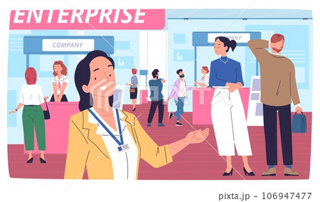 Business exhibition visitors. Customers visit expo center product tradeshow or job fair in corporate company, worker show booth with project information, classy vector illustration 106947477
