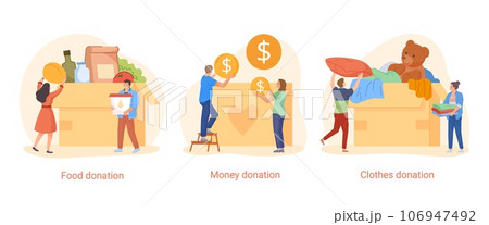 Humanitarian fundraising. People collect coins food clothing donations in box, financial gift money charity social solidarity and crowdfunding, charities help vector illustration 106947492