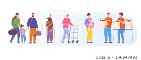 Food donations queue. Homeless or elder hunger people group feeding mother stand in line for humanitarian aid, poorhouse volunteers helping poor family, charity vector illustration 106947493