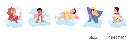 Carefree people clouds. Woman in headphones and calm man dreamer relax on cloud inside fog heaven, daydreaming person at dream sky, faith or happiness concept vector illustration 106947495