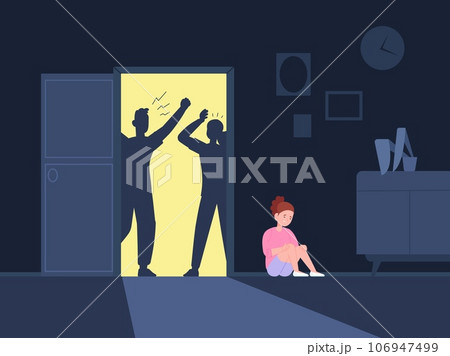 Child fear divorce. Miserable sad children from family quarrel, screaming divorced couple parents and suffering teenager girl 106947499