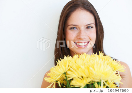 Flower bouquet, portrait and happy studio woman with floral product, sustainable gift or yellow spring present. Mockup face, advertising space and eco friendly model girl isolated on white background Flower bouquet, portrait and happy studio woman with floral product, sustainable gift or yellow spring present. Mockup face, advertising space and eco friendly model girl isolated on white background 106947690