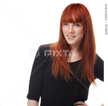 Young woman, portrait and natural beauty with happiness and model in studio. White background, confidence and female person with happy face and mockup with ginger hair treatment and proud smile 106947841