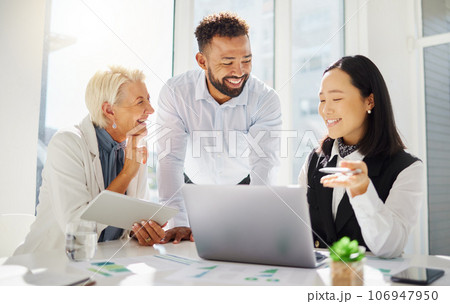 Diversity, laptop and business people laugh, happy and review online chart, graphs or company progress insight. Funny joke, colleagues and group team work analysis of statistics, data or analytics Diversity, laptop and business people laugh, happy and review online chart, graphs or company progress insight. Funny joke, colleagues and group team work analysis of statistics, data or analytics 106947950