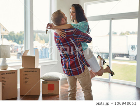 Happy couple, keys and moving into new home or hug for mortgage or property buy and boxes in empty lounge together. Real estate, man and woman excited for rent or embrace and house with open space Happy couple, keys and moving into new home or hug for mortgage or property buy and boxes in empty lounge together. Real estate, man and woman excited for rent or embrace and house with open space 106948053