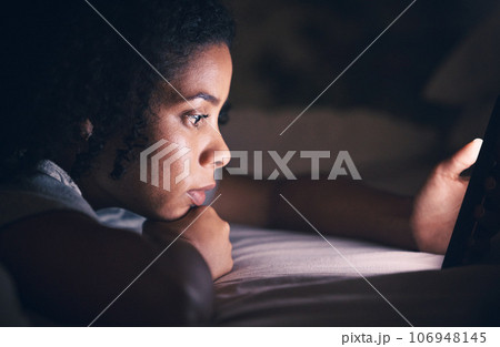 Relax, insomnia and phone with woman in bedroom for social media app, night and networking. Communication, contact and internet with female person in bed at home for mobile, online and technology 106948145