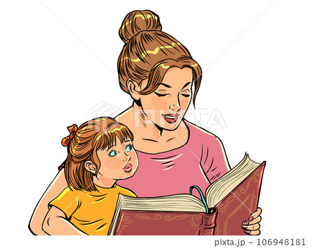 Preschool education of children. Relationship between mother and children. A woman is reading a book to a girl. 106948181