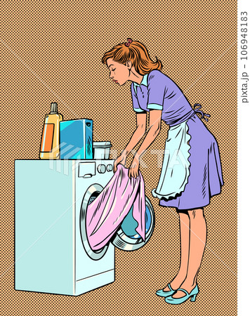 The servants help the owners with the laundry. Responsible housewife takes care of household chores. A girl in uniform pulls clothes out of the washing machine. 106948183
