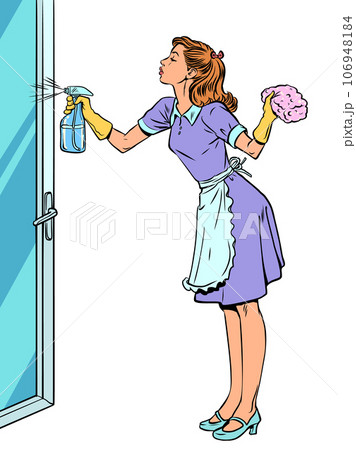 Cleaning service for cleaning your home. Responsible housewife is cleaning the house. A girl in uniform washes a glass door. Cleaning service for cleaning your home. Responsible housewife is cleaning the house. A girl in uniform washes a glass door. 106948184