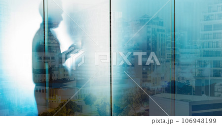 Glass, silhouette and businessman with city overlay in office, writing and thinking, goal and strategy. Double exposure, shadow and man entrepreneur planning, creative and motivation for innovation 106948199