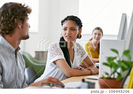Journalist, computer or people in office talking or speaking of digital business or research project. Woman, discussion or employees in conversation about on online blog reports or internet article 106948206