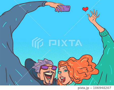 Romantic relationship between spouses. Honeymoon abroad together. A man and a girl next to each other take a selfie and show a heart. 106948207