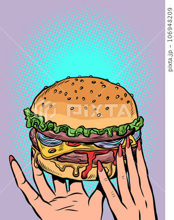 A fast food restaurant offering a burger. Delivery of delicious and hot food at your fingertips. Womans hands holding a cheeseburger 106948209