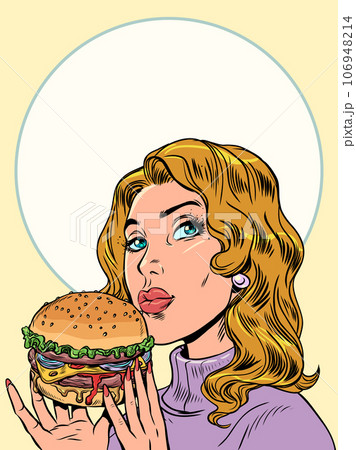 Fast food restaurant prepares burgers. The girl is holding a burger with her hands. 106948214