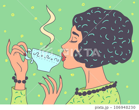 Cozy and quiet restaurant or teahouse. Delicious drinks at the establishment. A cute girl drinks tea from a cup. 106948230
