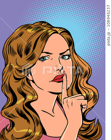 Peace and quiet in the room. The need to keep a secret. Girl showing silence sign Peace and quiet in the room. The need to keep a secret. Girl showing silence sign 106948237