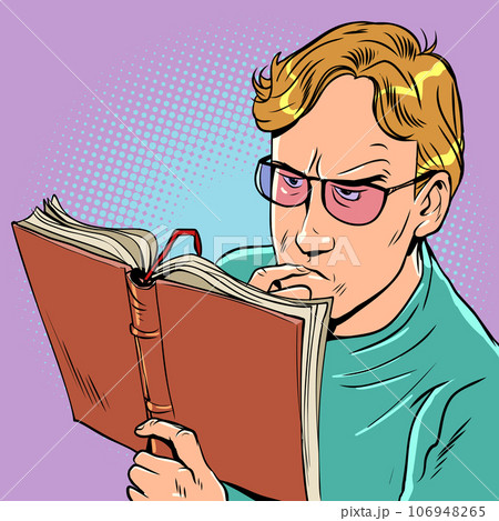 Careful study of materials. Serious attitude to business. A man with glasses thoughtfully reads a book or notebook 106948265