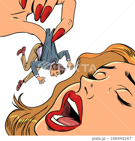 Violence in family. Gender inequality. A woman eats a small man in a suit. 106948267