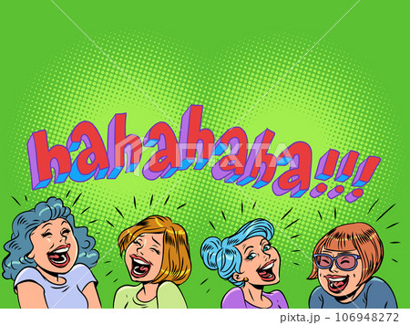 Good mood. Funny discounts, promotions, Girls laughing with the inscription ha-ha-ha Good mood. Funny discounts, promotions, Girls laughing with the inscription ha-ha-ha 106948272