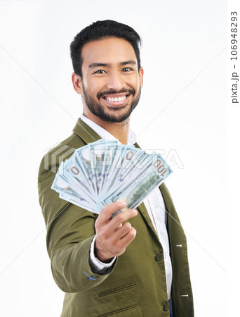 Cash, money and portrait of business man on white background for bonus, financial savings and payment. Finance success, investment and happy male for winning, budget and stock market profit in studio 106948293