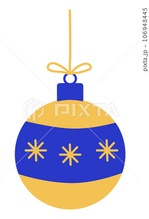Blue yellow festive ball with snowflakes, Christmas tree decoration toy, hanging on rope, vector Blue yellow festive ball with snowflakes, Christmas tree decoration toy, hanging on rope, vector 106948445