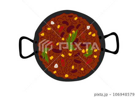 Traditional Mexican spicy food Chili con carne with beans, green and corn in cast iron pan. Flat lay 106948579
