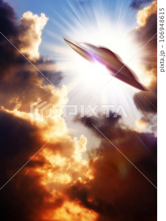 UFO, alien spaceship and clouds in sky, speed and interstellar transportation, sci fi or terror. UAP ship, fast flying saucer and space travel in universe, galaxy or world with extraterrestrial tech 106948615