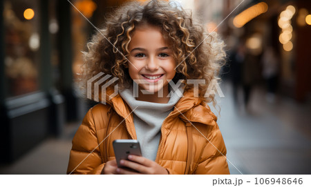 Happy young girl walking in a shopping village holding her cell phone - generative AI. 106948646