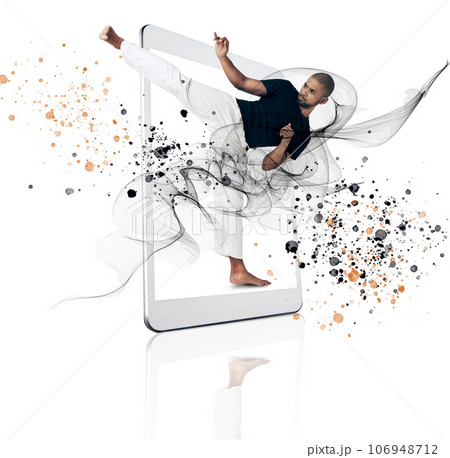 Tablet, karate and fitness app with a man on a screen in studio isolated on a white background. Sports, training for self defense and color splash with a male athlete in a technology display 106948712