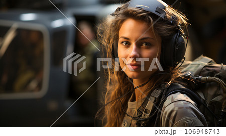 Female military helicopter pilot standing near...のイラスト素材 [106948743