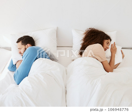 Divorce, angry and couple ignore in bed after fight, argument or dispute in their home from above. Marriage, stress and top view of frustrated man and woman in a bedroom with crisis, fail or conflict Divorce, angry and couple ignore in bed after fight, argument or dispute in their home from above. Marriage, stress and top view of frustrated man and woman in a bedroom with crisis, fail or conflict 106948776
