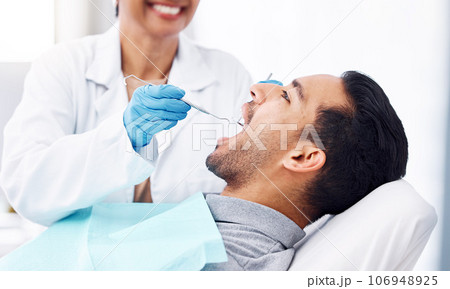 Man, dentist and check teeth with tools for dental cosmetics, healthcare assessment or medical consulting. Patient, tooth or open mouth in oral cleaning with mirror, excavator or orthodontics surgery Man, dentist and check teeth with tools for dental cosmetics, healthcare assessment or medical consulting. Patient, tooth or open mouth in oral cleaning with mirror, excavator or orthodontics surgery 106948925