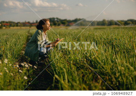 Female agronomist making notes in clipboard on field during harvesting. Agricultural concept Female agronomist making notes in clipboard on field during harvesting. Agricultural concept 106948927