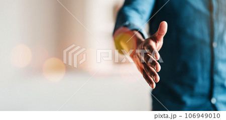 Business person, handshake offer and startup meeting, marketing agreement and graphic designer in b2b deal. Creative shaking hands in interview, onboarding POV or thank you for opportunity on mockup 106949010