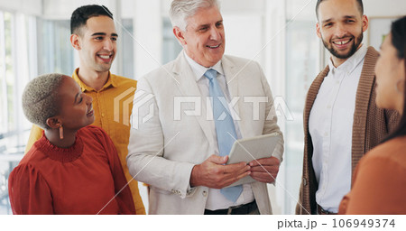 Group, brainstorming and business people with a tablet, conversation and diversity with cooperation. Staff, teamwork or manager with employees, technology or collaboration with creativity or planning 106949374