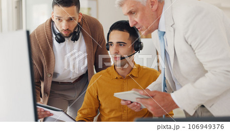 Telemarketing, manager and team with documents in office, internship for customer service agent. Coaching, learning and crm report, man and telemarketing consultant at desk to help in digital sales. Telemarketing, manager and team with documents in office, internship for customer service agent. Coaching, learning and crm report, man and telemarketing consultant at desk to help in digital sales. 106949376
