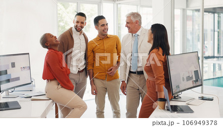 Group, happy business people in office and conversation with pride, sales revenue goals or growth. Diversity, team work or employees with motivation, mission or our vision for project planning Group, happy business people in office and conversation with pride, sales revenue goals or growth. Diversity, team work or employees with motivation, mission or our vision for project planning 106949378