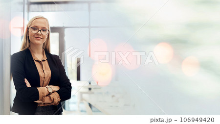 Arms crossed, mockup or portrait of businesswoman with smile, confidence or mission for development. Space, female CEO or proud manager with leadership, experience or optimistic attitude in office Arms crossed, mockup or portrait of businesswoman with smile, confidence or mission for development. Space, female CEO or proud manager with leadership, experience or optimistic attitude in office 106949420