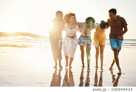 Summer, sunset and travel with friends at beach for freedom, support and diversity. Wellness, energy and happy with group of people walking by the sea for fun, adventure and vacation mockup 106949424