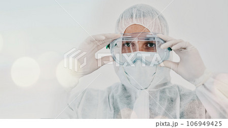 PPE, person and safety suit goggles of lab worker and healthcare professional in hospital or clinic. Cleaning, bacteria protection and face mask with virus, pharmacy and wellness research with bokeh PPE, person and safety suit goggles of lab worker and healthcare professional in hospital or clinic. Cleaning, bacteria protection and face mask with virus, pharmacy and wellness research with bokeh 106949425