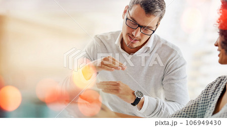 Mockup, teamwork or man talking to woman in meeting to explain a strategy or speaking of ideas. Bokeh space, leader or startup manager consulting for teaching, coaching or helping in business advice 106949430