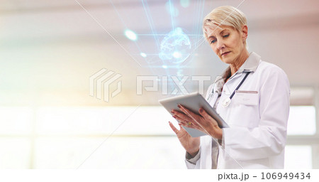 Woman, doctor and tablet with global hologram, digital transformation and healthcare tech innovation. Analysis, overlay and mockup space, senior with 3D and online hospital system for future health Woman, doctor and tablet with global hologram, digital transformation and healthcare tech innovation. Analysis, overlay and mockup space, senior with 3D and online hospital system for future health 106949434
