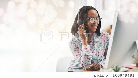 Business, telemarketing and black woman with a computer, mockup or call center with help desk, connection or crm. African person, employee or sales agent with a pc, bokeh or tech support in an office Business, telemarketing and black woman with a computer, mockup or call center with help desk, connection or crm. African person, employee or sales agent with a pc, bokeh or tech support in an office 106949491