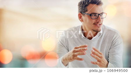 Communication, meeting and businessman in office with mock up space banner for advertising. Discussion, working and professional young male designer talking in workplace with mockup for marketing. Communication, meeting and businessman in office with mock up space banner for advertising. Discussion, working and professional young male designer talking in workplace with mockup for marketing. 106949500