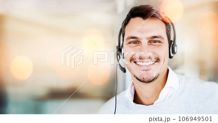 Customer service mockup, portrait or happy man in call center for advice, tech support consulting. Smile, space or friendly face of consultant in telemarketing or telecom company with mic headset 106949501