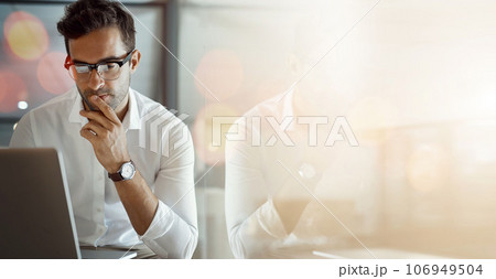 Banner, computer and businessman in office in reflection with mockup, bokeh and ideas on business trading. Networking, online research and man reading email, thinking and insight space in workplace. 106949504