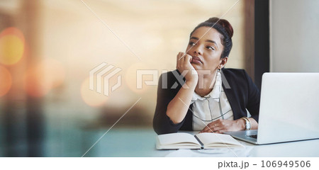 Laptop, notebook and a bored business woman in her office thinking or problem solving on banner space. Computer, research and idea with a young employee looking for inspiration in the workplace Laptop, notebook and a bored business woman in her office thinking or problem solving on banner space. Computer, research and idea with a young employee looking for inspiration in the workplace 106949506