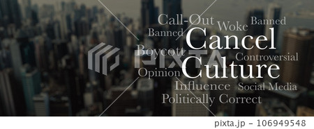 Cancel culture, text in city and social media opinion, silence freedom of speech and message. Words, censorship and protest of influencer, call out and ban on internet for online bullying in society Cancel culture, text in city and social media opinion, silence freedom of speech and message. Words, censorship and protest of influencer, call out and ban on internet for online bullying in society 106949548