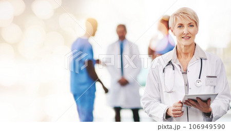 Tablet, portrait and senior woman doctor at hospital with overlay for medical, research or consulting with smile. Face, help and elderly lady health expert with digital app for online service or FAQ Tablet, portrait and senior woman doctor at hospital with overlay for medical, research or consulting with smile. Face, help and elderly lady health expert with digital app for online service or FAQ 106949590