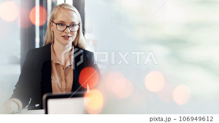 Banner, laptop and businesswoman in office reading email with mockup, bokeh and ideas on business for trading. Networking, online research and woman on website for internet and space in workplace. 106949612